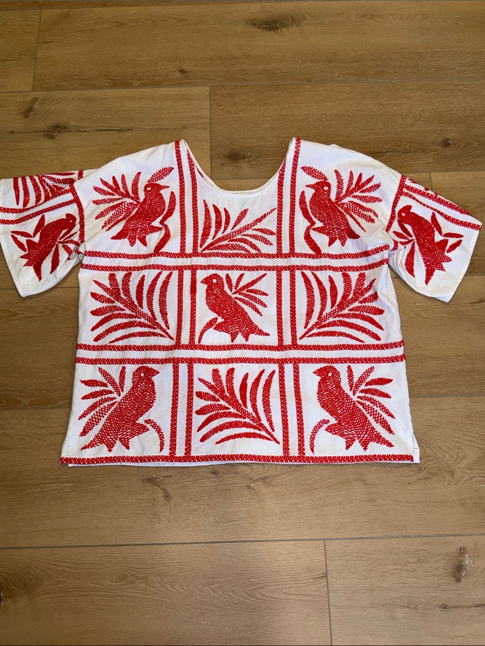 Sister Mary Red & White Tropical Leaf Bird Embroidered Top Boho M/L
